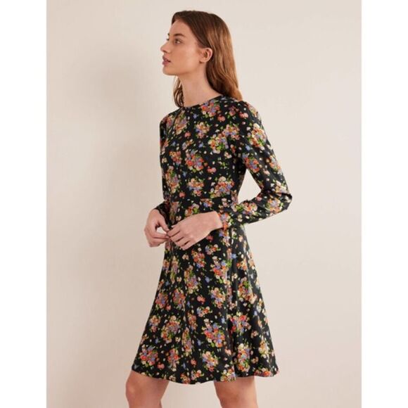 Boden Crew Neck Fit N Flare Dress Black Wild Cluster Floral Dress size 12 long - Picture 1 of 8